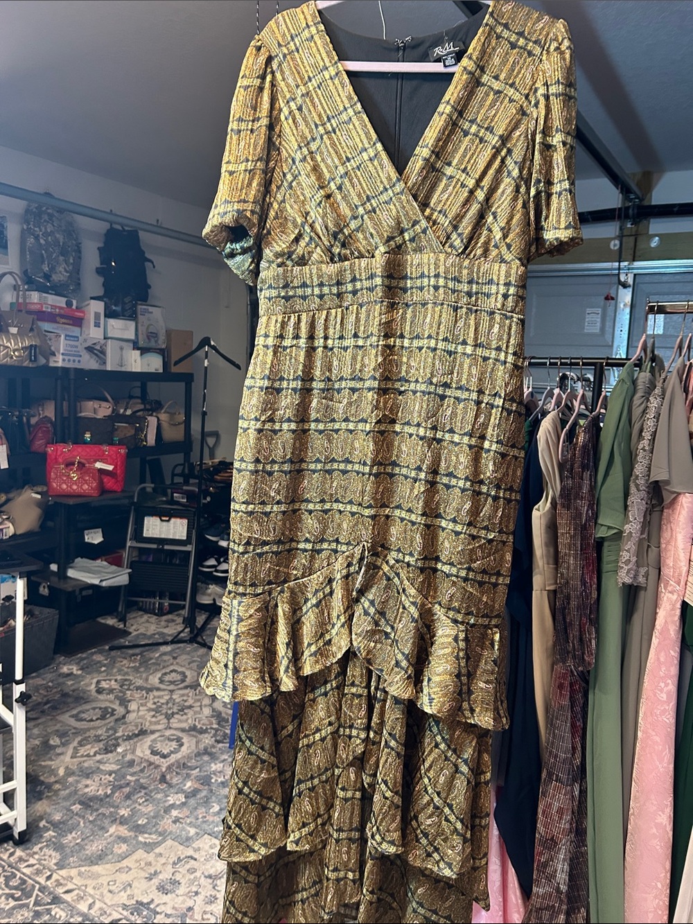 R&M Richards Gold Patterned V-Neck Tiered Maxi Dress